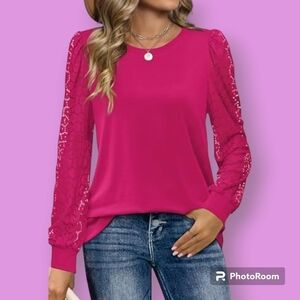 Women's Hot Pink Eyelet Lace Puffy Long Sleeve Top Size L